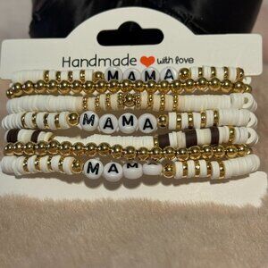 Handmade MAMA Bracelet Set – White & Gold Beaded Stack